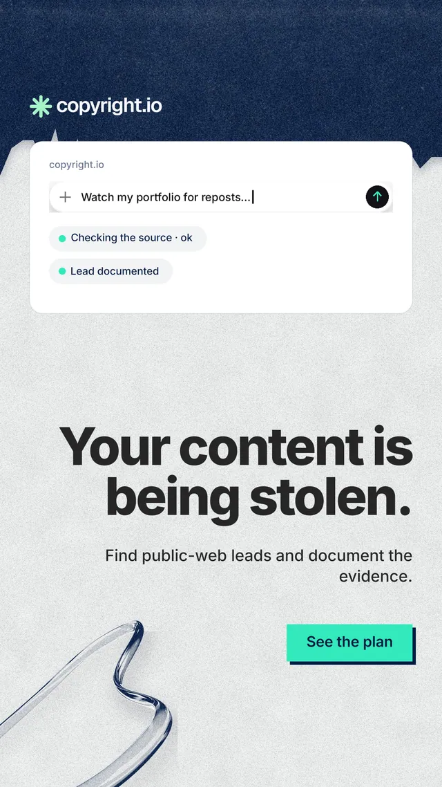Instagram story for copyright.io: "Your content is being stolen." Paper trio style, right layout, light palette in white, blue, grey.