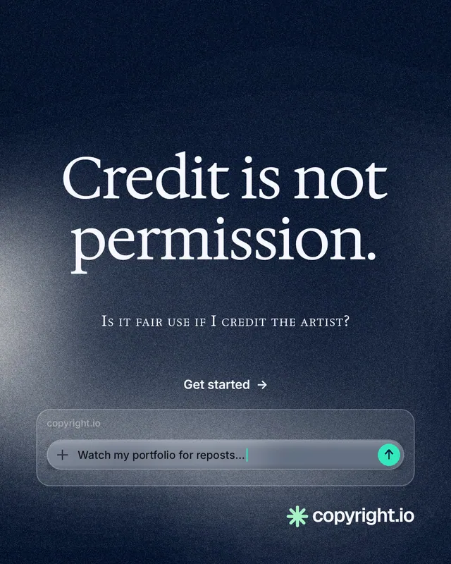 Instagram portrait post for copyright.io: "Credit is not permission." Cyanotype style, smallcaps layout, dark palette in black, grey, blue.