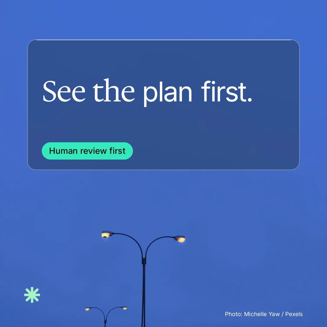Instagram post for copyright.io: "See the plan first." Glass style, technique:pexels ingredient layout, dark palette in blue.