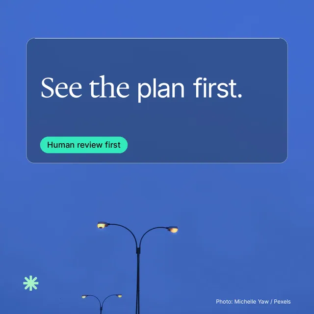 Instagram post for copyright.io: "See the plan first." Glass style, technique:pexels ingredient layout, dark palette in blue.
