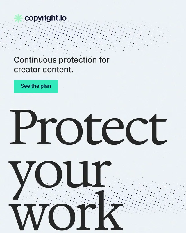 Instagram portrait post for copyright.io: "Protect your work." Swiss style, oversized layout, light palette in white, grey.