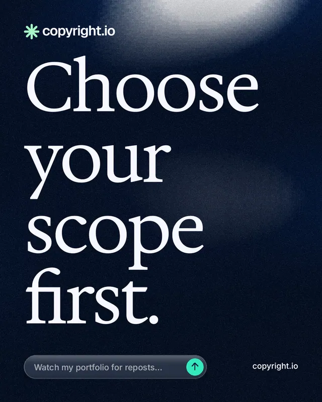 Instagram portrait post for copyright.io: "Choose your scope first." Thermal style, poster layout, dark palette in black, grey.