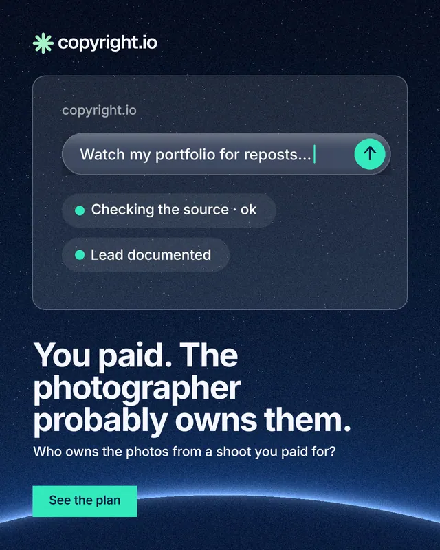 Instagram portrait post for copyright.io: "You paid. The photographer probably owns them." Swiss style, bottom layout, dark palette in blue, black.