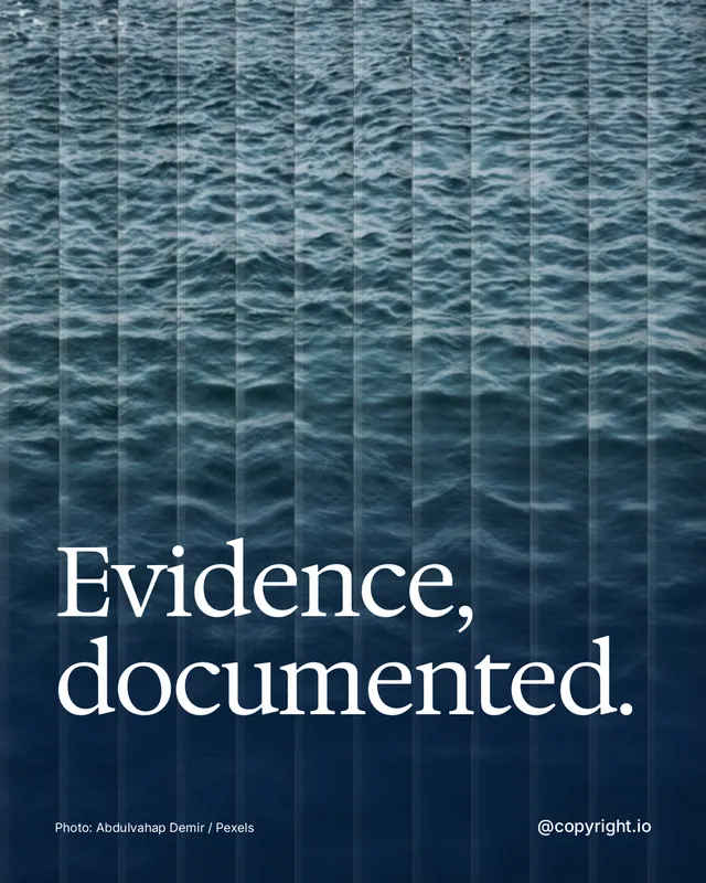 Instagram portrait post for copyright.io: "Evidence, documented." Photo style, technique:fluted glass layout, dark palette in blue, grey.