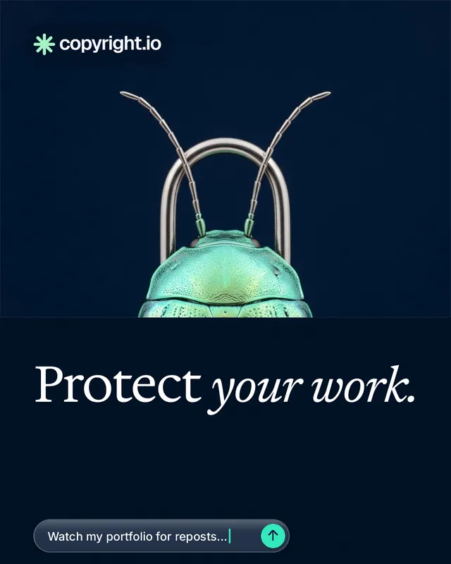 Instagram portrait post for copyright.io: "Protect your work." Agentic glass style, bottom layout, dark palette in black, blue.