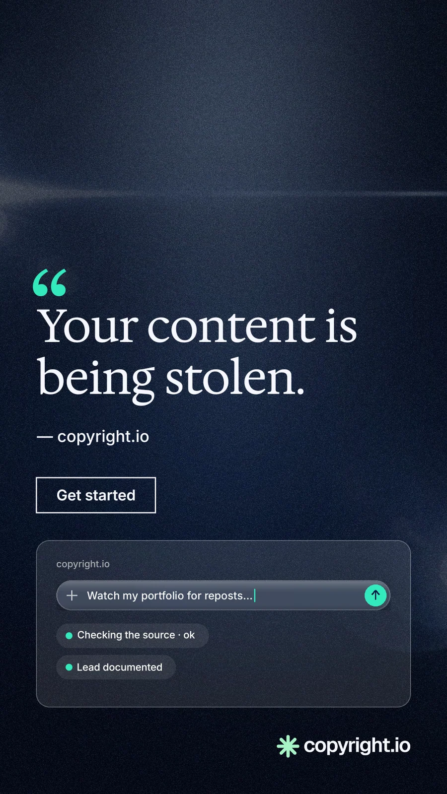 Instagram story for copyright.io: "Your content is being stolen." Dark deco style, quote layout, dark palette in blue, black.