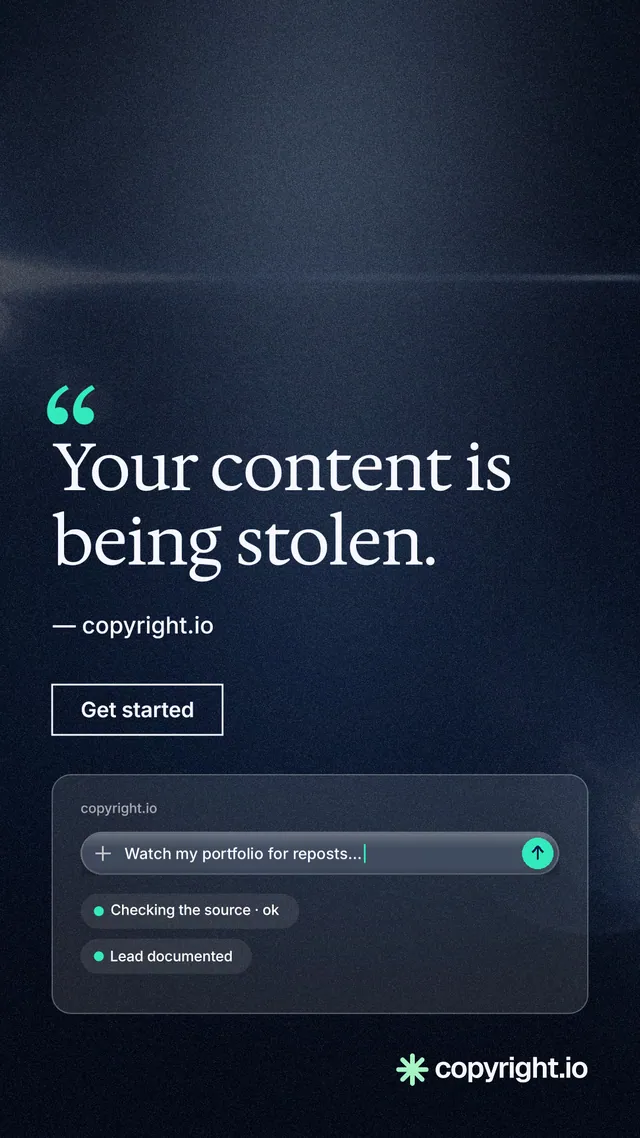 Instagram story for copyright.io: "Your content is being stolen." Dark deco style, quote layout, dark palette in blue, black.