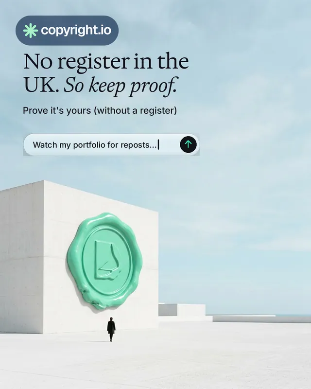 Instagram portrait post for copyright.io: "No register in the UK. So keep proof." Agentic glass style, bottom layout, light palette in teal, grey, white.