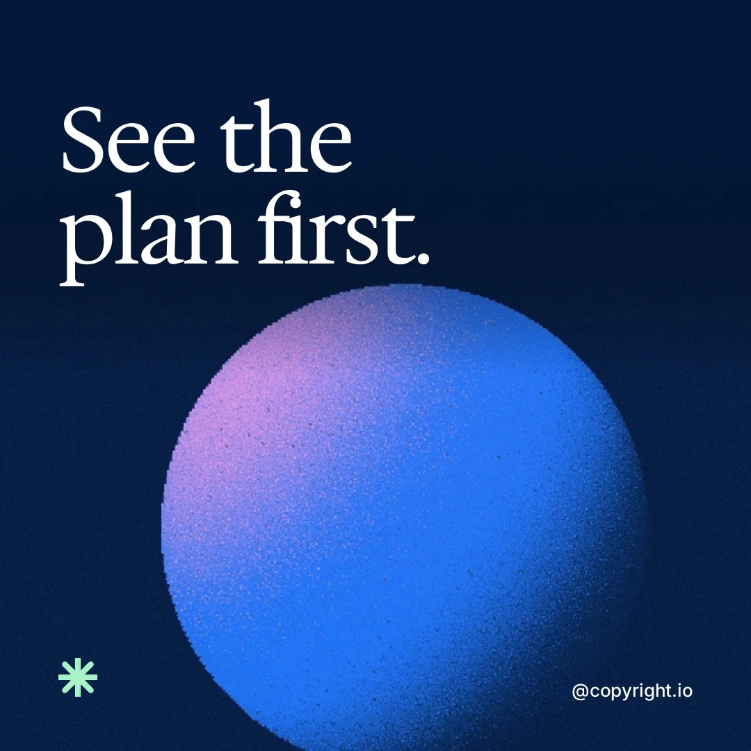Video for copyright.io: "See the plan first.". Shader loop, 6.0 s, dark palette.