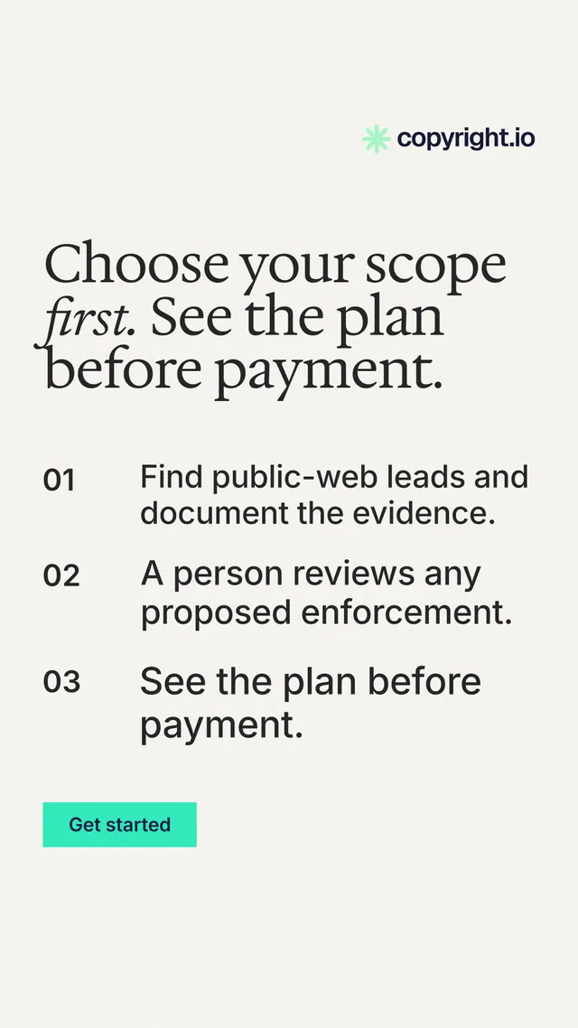 Instagram story for copyright.io: "Choose your scope first. See the plan before payment." Swiss style, numbered layout, light palette in white, grey.