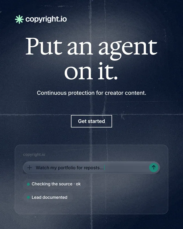 Instagram portrait post for copyright.io: "Put an agent on it." Cyanotype style, centred layout, dark palette in blue, grey.