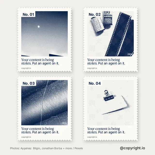 Instagram post for copyright.io: "Your content is being stolen. Put an agent on it." Sheet style, technique:stamp series layout, light palette in white, grey.