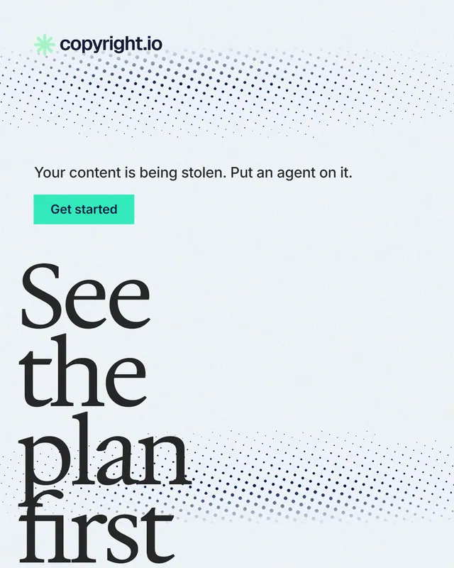 Instagram portrait post for copyright.io: "See the plan first." Swiss style, oversized layout, light palette in white.
