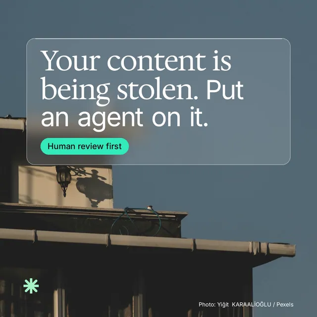 Instagram post for copyright.io: "Your content is being stolen. Put an agent on it." Glass style, technique:pexels ingredient layout, dark palette in black, grey.