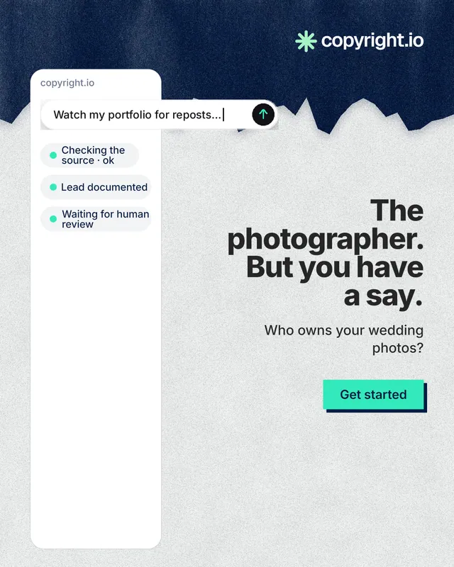 Instagram portrait post for copyright.io: "The photographer. But you have a say." Paper trio style, right layout, light palette in white, blue.