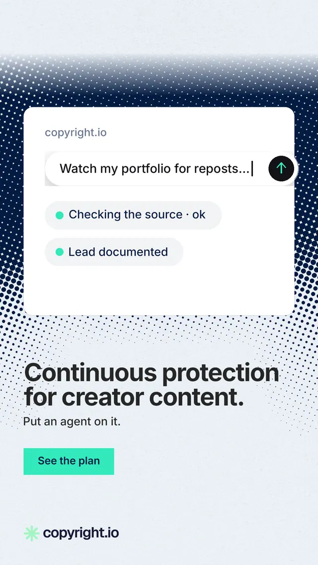 Instagram story for copyright.io: "Continuous protection for creator content." Swiss style, bottom layout, light palette in white, blue, grey.