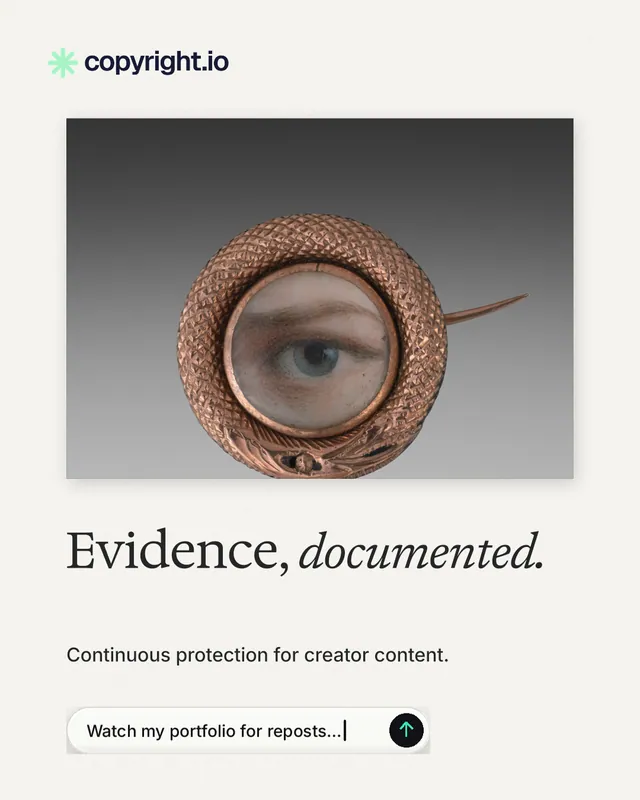 Instagram portrait post for copyright.io: "Evidence, documented." Agentic glass style, bottom layout, light palette in white, grey.