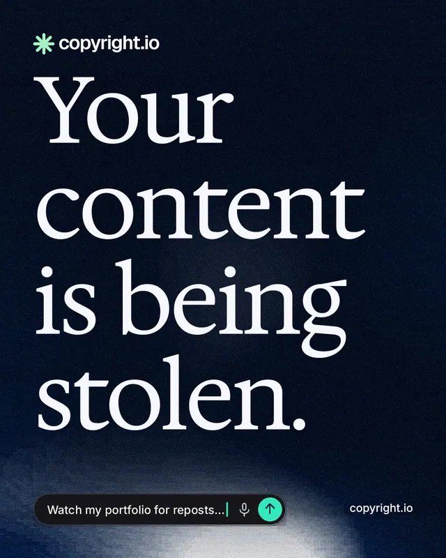 Instagram portrait post for copyright.io: "Your content is being stolen." Thermal style, poster layout, dark palette in black, grey.