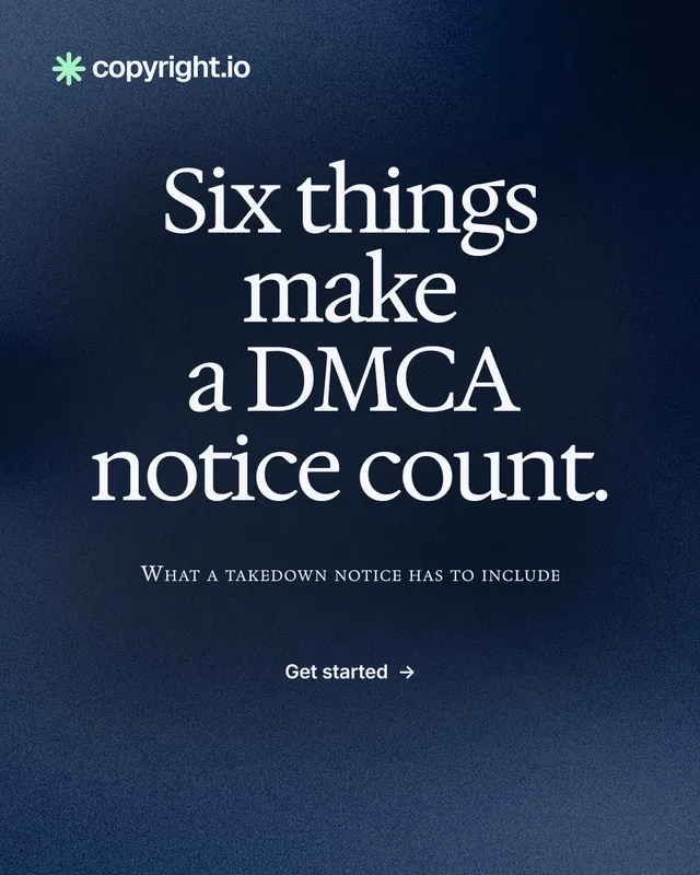 Instagram portrait post for copyright.io: "Six things make a DMCA notice count." Swiss style, smallcaps layout, dark palette in black, blue, grey.