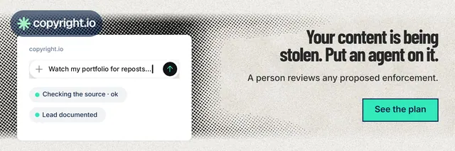 X header for copyright.io: "Your content is being stolen. Put an agent on it." Ink sticker style, right layout, light palette in white, grey.