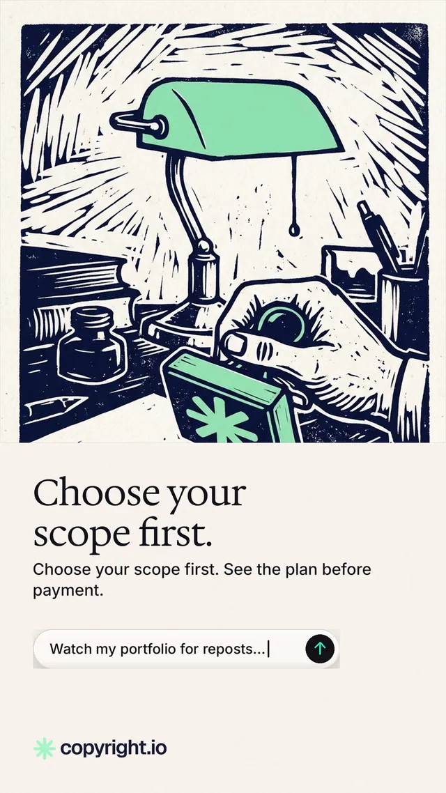 Instagram story for copyright.io: "Choose your scope first." Agentic glass style, bottom layout, light palette in white, grey.