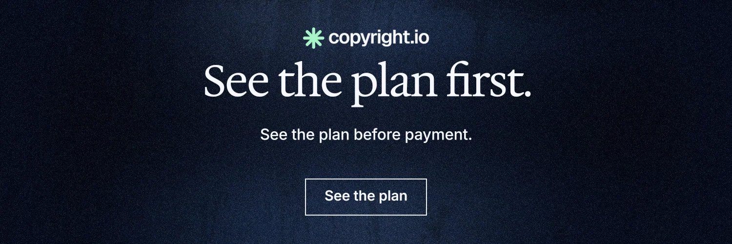 X header for copyright.io: "See the plan first." Dark deco style, centred layout, dark palette in black, blue.
