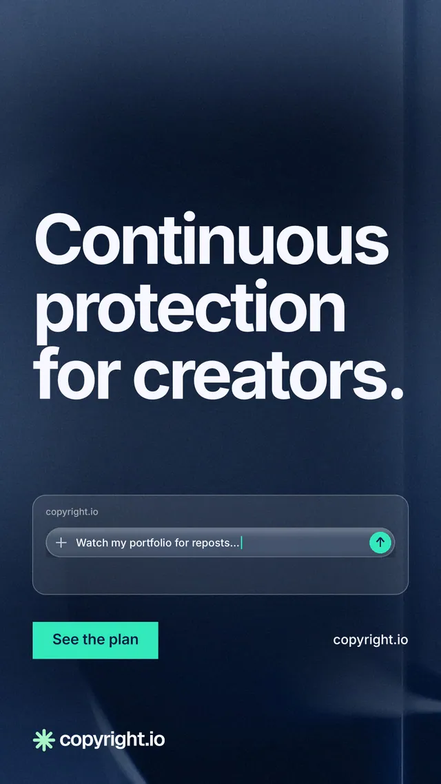 Instagram story for copyright.io: "Continuous protection for creators." Swiss style, poster layout, dark palette in blue, black, grey.