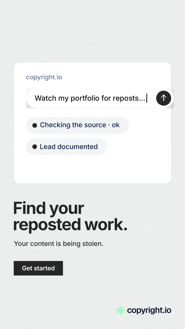 Instagram story for copyright.io: "Find your reposted work." Swiss style, bottom layout, light palette in white, grey.