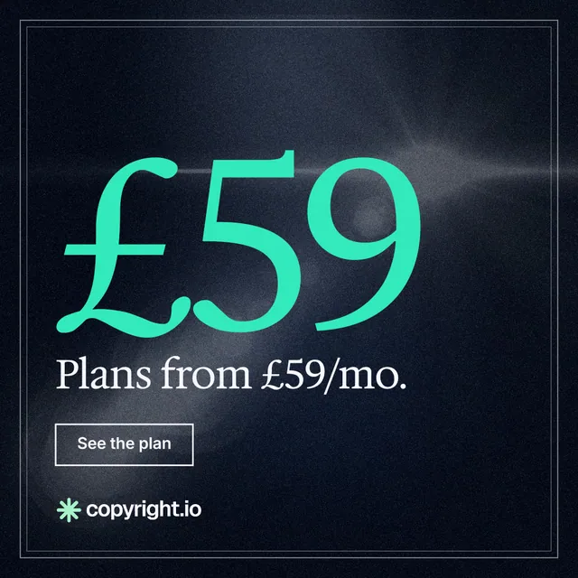 Instagram post for copyright.io: "Choose your scope first. See the plan before payment." Dark deco style, stat layout, dark palette in blue, black, teal.