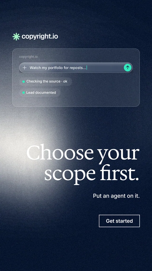 Instagram story for copyright.io: "Choose your scope first." Cyanotype style, right layout, dark palette in blue, black, grey.
