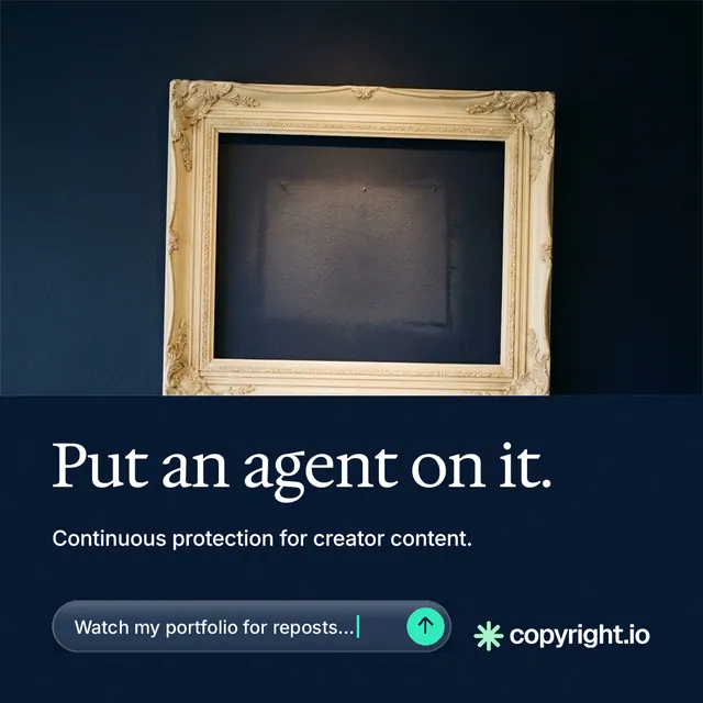 Instagram post for copyright.io: "Put an agent on it." Agentic glass style, bottom layout, dark palette in black, blue, grey.