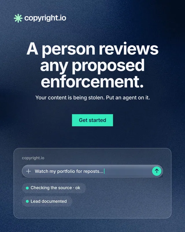 Instagram portrait post for copyright.io: "A person reviews any proposed enforcement." Swiss style, centred layout, dark palette in blue.
