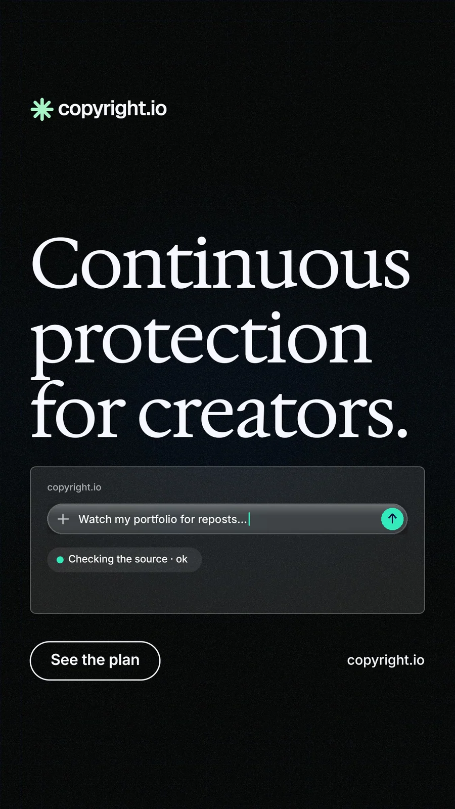 Instagram story for copyright.io: "Continuous protection for creators." Phosphor atlas style, poster layout, dark palette in black, grey.