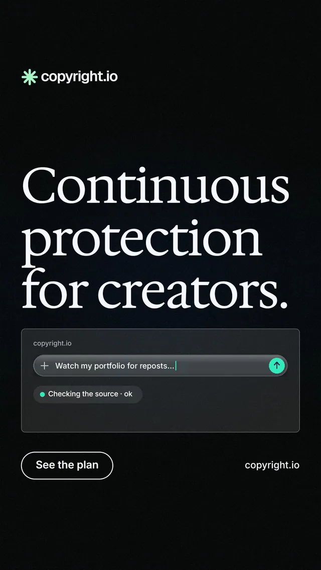Instagram story for copyright.io: "Continuous protection for creators." Phosphor atlas style, poster layout, dark palette in black, grey.