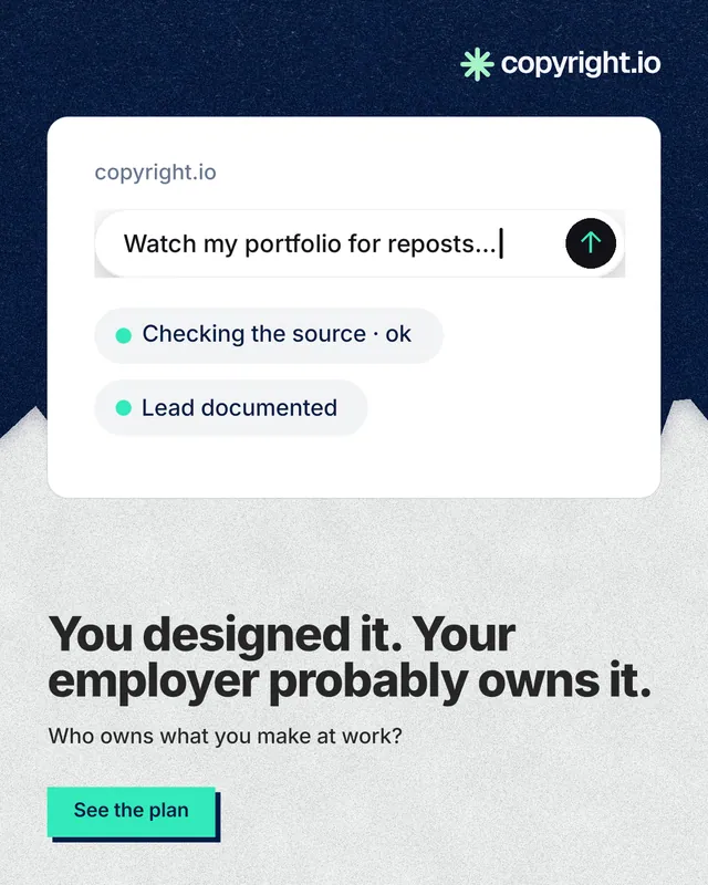 Instagram portrait post for copyright.io: "You designed it. Your employer probably owns it." Paper trio style, bottom layout, light palette in white, blue.