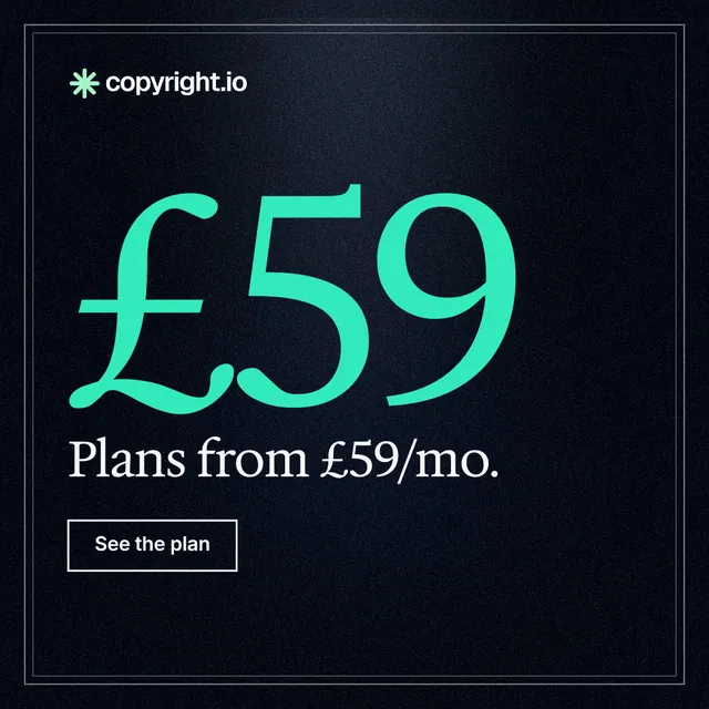 Instagram post for copyright.io: "Reposts don't remove themselves." Dark deco style, stat layout, dark palette in black, teal.