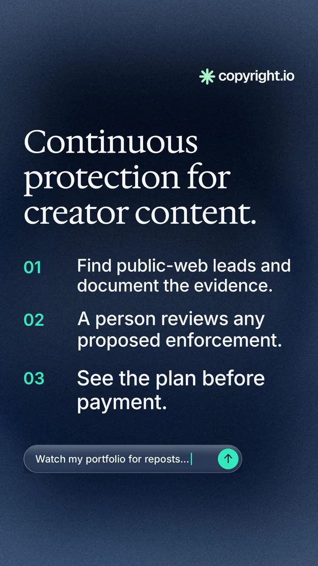 Instagram story for copyright.io: "Continuous protection for creator content." Agentic glass style, numbered layout, dark palette in blue, black.