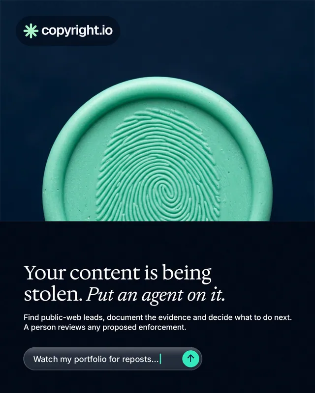 Instagram portrait post for copyright.io: "Your content is being stolen. Put an agent on it." Agentic glass style, bottom layout, dark palette in black, teal, blue.