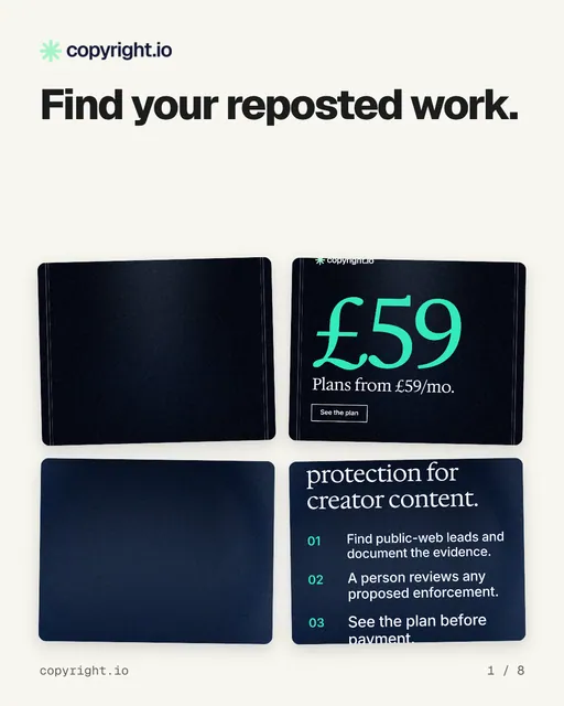 Carousel for copyright.io: "Find your reposted work.". Collection carousel, 8 slides, light palette.