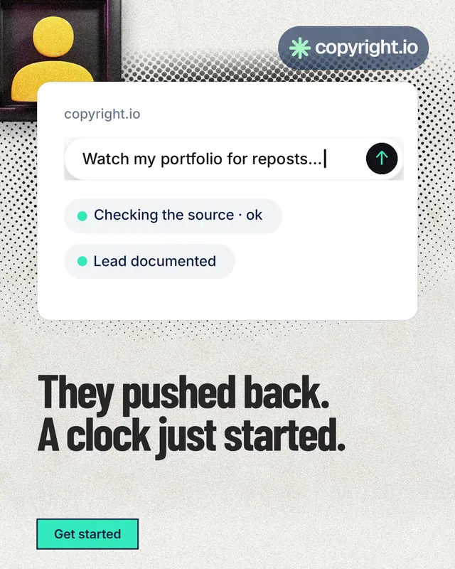 Instagram portrait post for copyright.io: "They pushed back. A clock just started." Ink sticker style, bottom layout, light palette in white, grey.