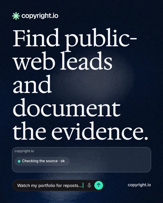 Instagram portrait post for copyright.io: "Find public-web leads and document the evidence." Thermal style, poster layout, dark palette in blue, black, grey.
