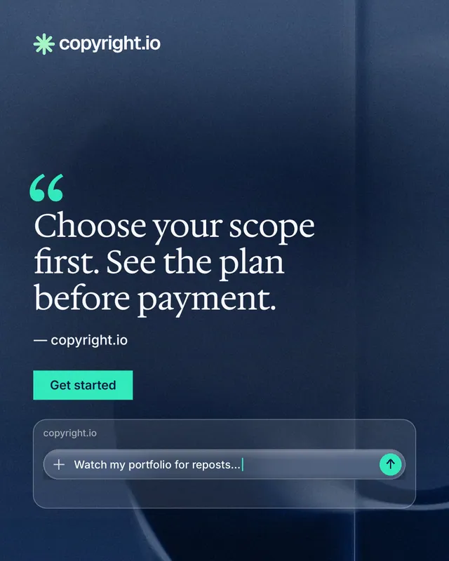 Instagram portrait post for copyright.io: "Choose your scope first. See the plan before payment." Swiss style, quote layout, dark palette in blue.