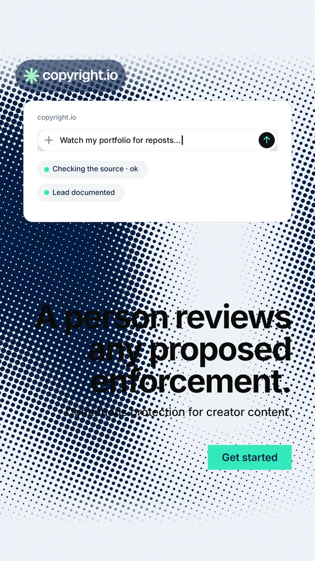 Instagram story for copyright.io: "A person reviews any proposed enforcement." Swiss style, right layout, light palette in white, blue, grey.