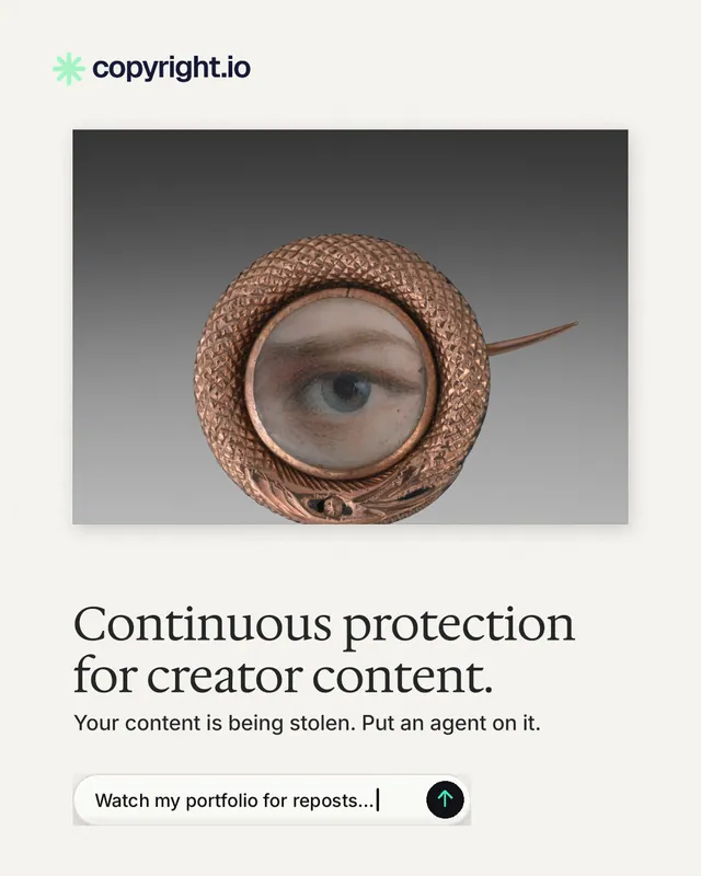 Instagram portrait post for copyright.io: "Continuous protection for creator content." Agentic glass style, bottom layout, light palette in white, grey.