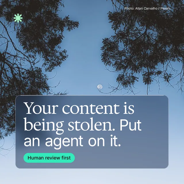 Instagram post for copyright.io: "Your content is being stolen. Put an agent on it." Glass style, technique:pexels ingredient layout, light palette in blue, black.