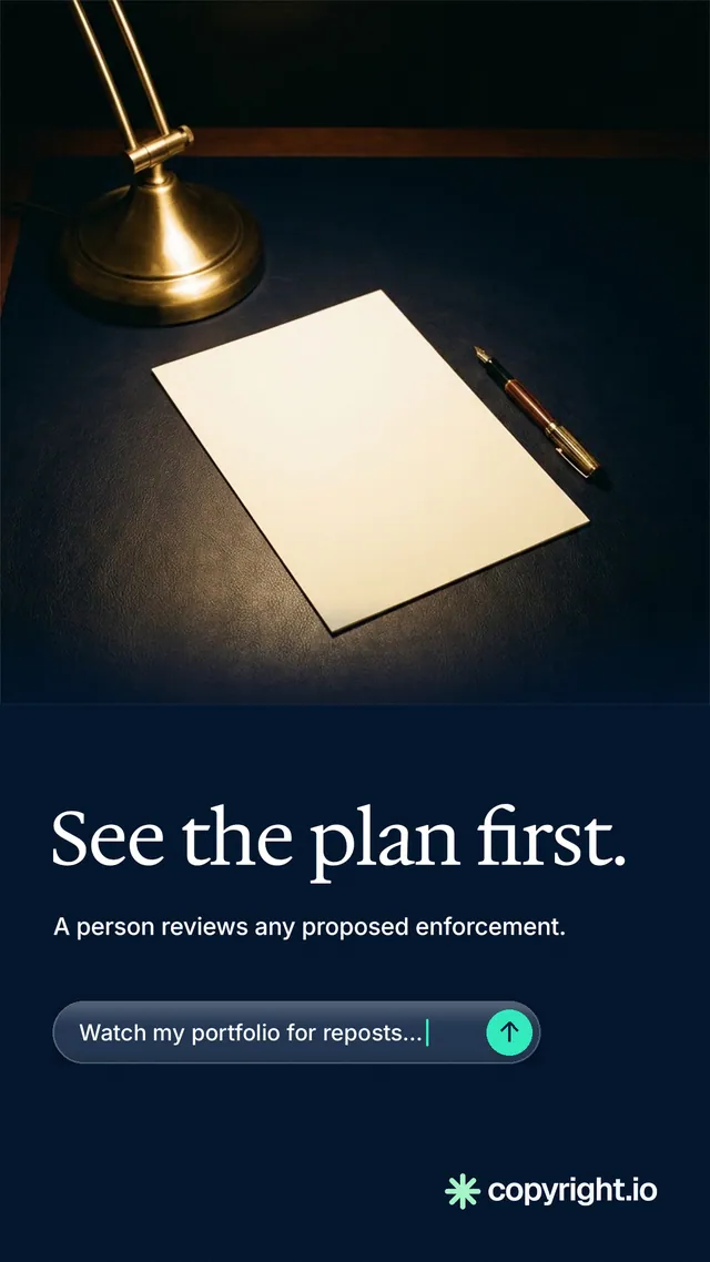 Instagram story for copyright.io: "See the plan first." Agentic glass style, bottom layout, dark palette in black, grey.