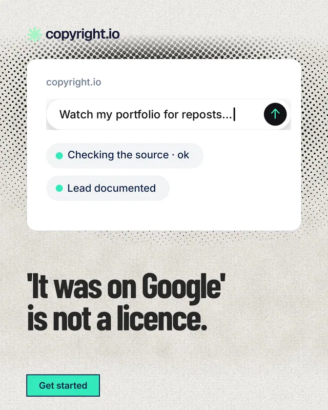 Instagram portrait post for copyright.io: "'It was on Google' is not a licence." Ink sticker style, bottom layout, light palette in white, grey.