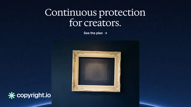 Landscape graphic for copyright.io: "Continuous protection for creators." Agentic glass style, ogui layout, dark palette in blue, black, grey.