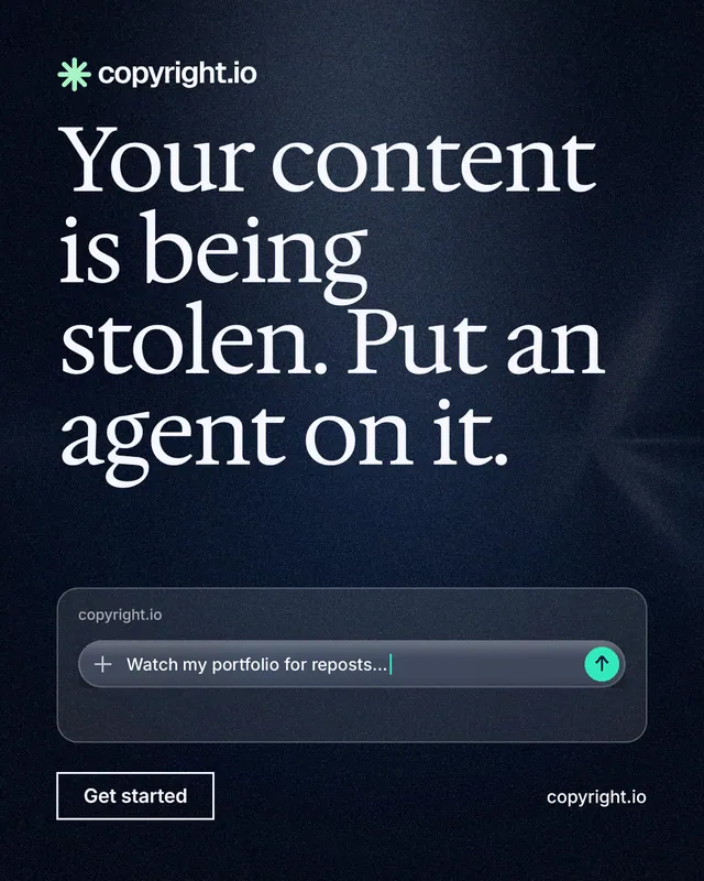 Instagram portrait post for copyright.io: "Your content is being stolen. Put an agent on it." Dark deco style, poster layout, dark palette in blue, black, grey.