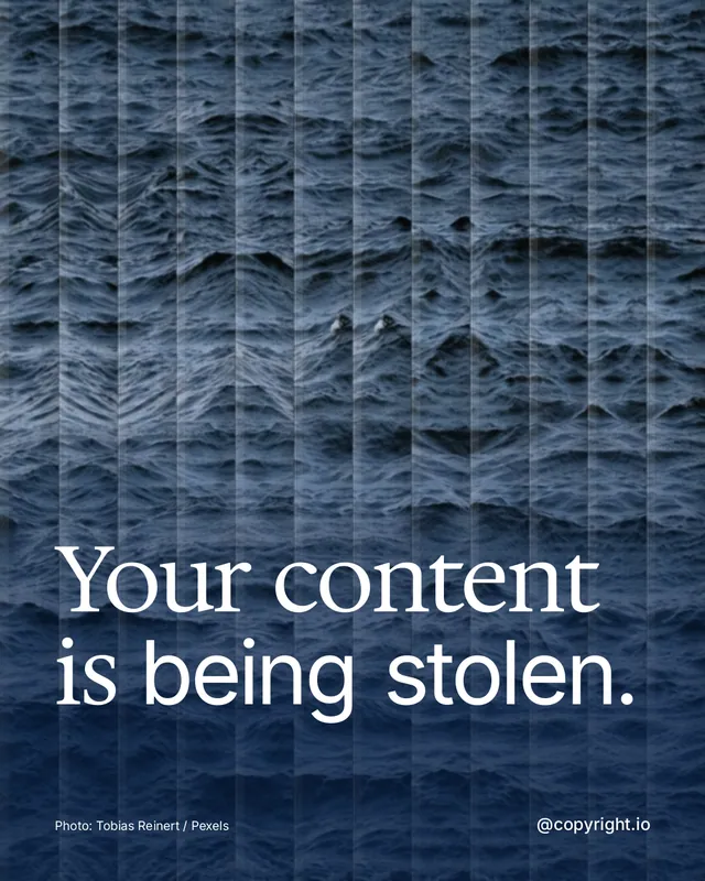 Instagram portrait post for copyright.io: "Your content is being stolen." Photo style, technique:fluted glass layout, dark palette in blue, grey.